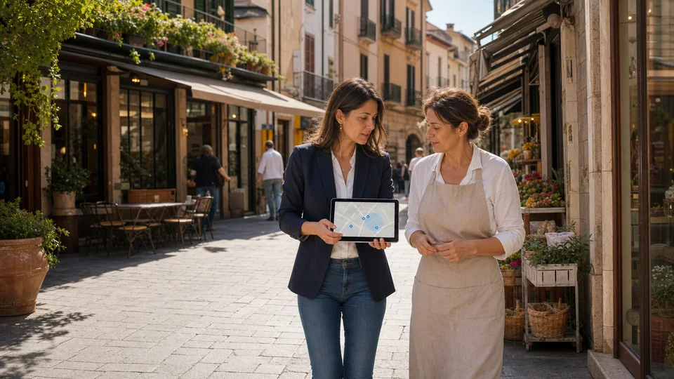 Consulente mostra su tablet la visibilità territoriale alla titolare di un’attività locale