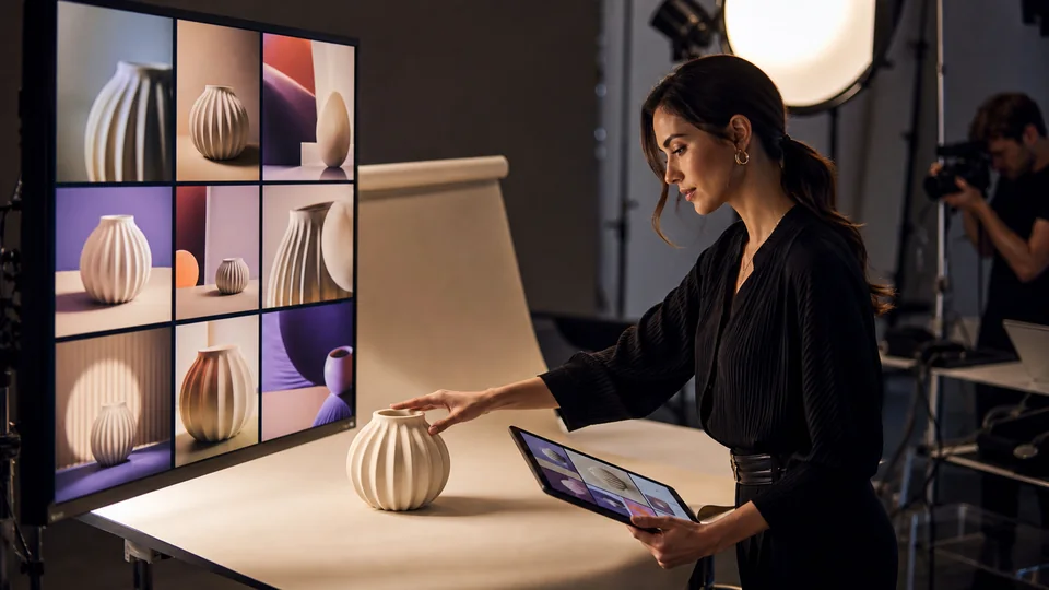 Professionista coordina uno shooting di prodotto e verifica le immagini su tablet e monitor
