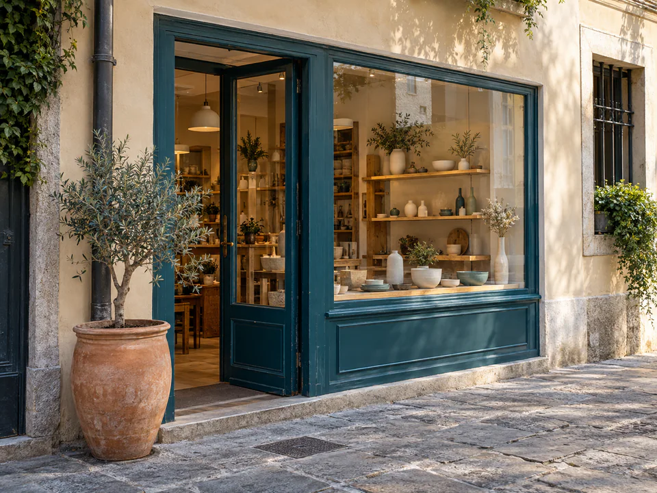 Una bottega con vetrina color petrolio, materiali naturali e ingresso sulla strada