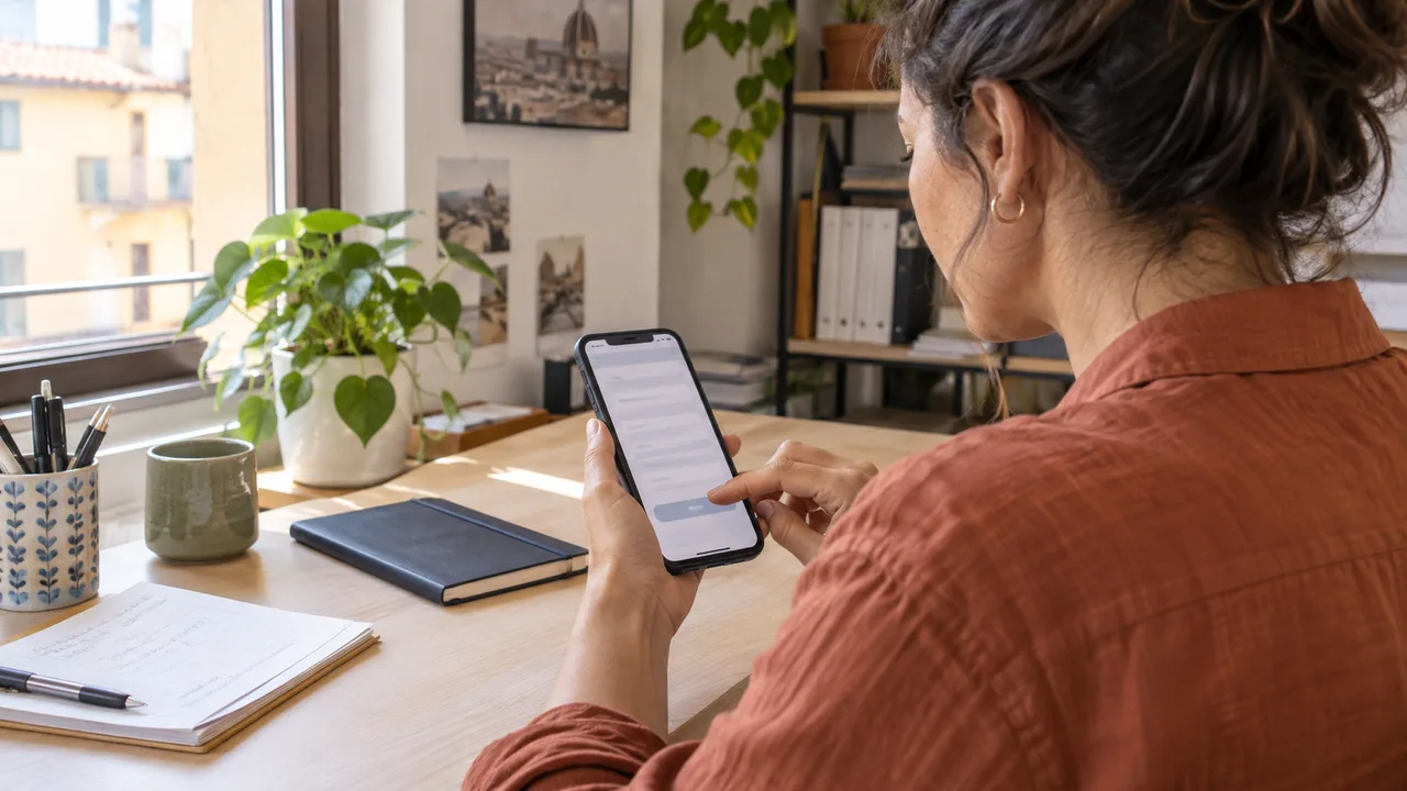 Una persona compila una richiesta sullo smartphone accanto a documenti e appunti sul tavolo.