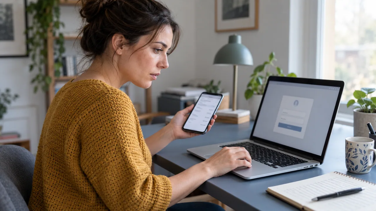 Persona controlla una conferma sul telefono accanto a un computer aperto su una schermata di accesso.