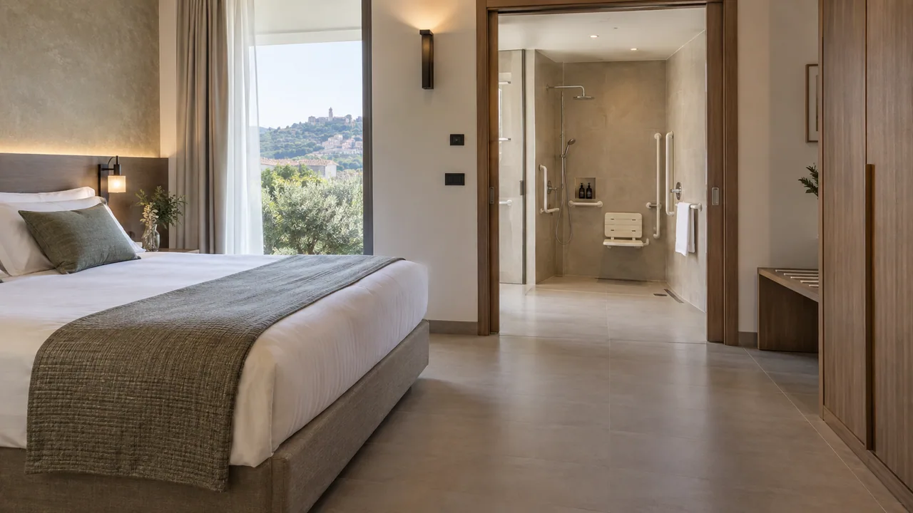 Camera di hotel illustrativa con passaggi ampi e accesso al bagno senza gradini