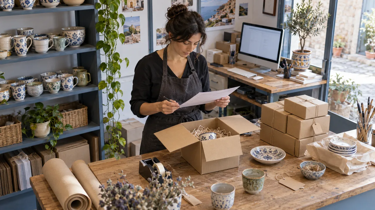 Scena illustrativa generata con AI: commerciante controlla gli ordini nel reparto spedizioni di un negozio di ceramiche.