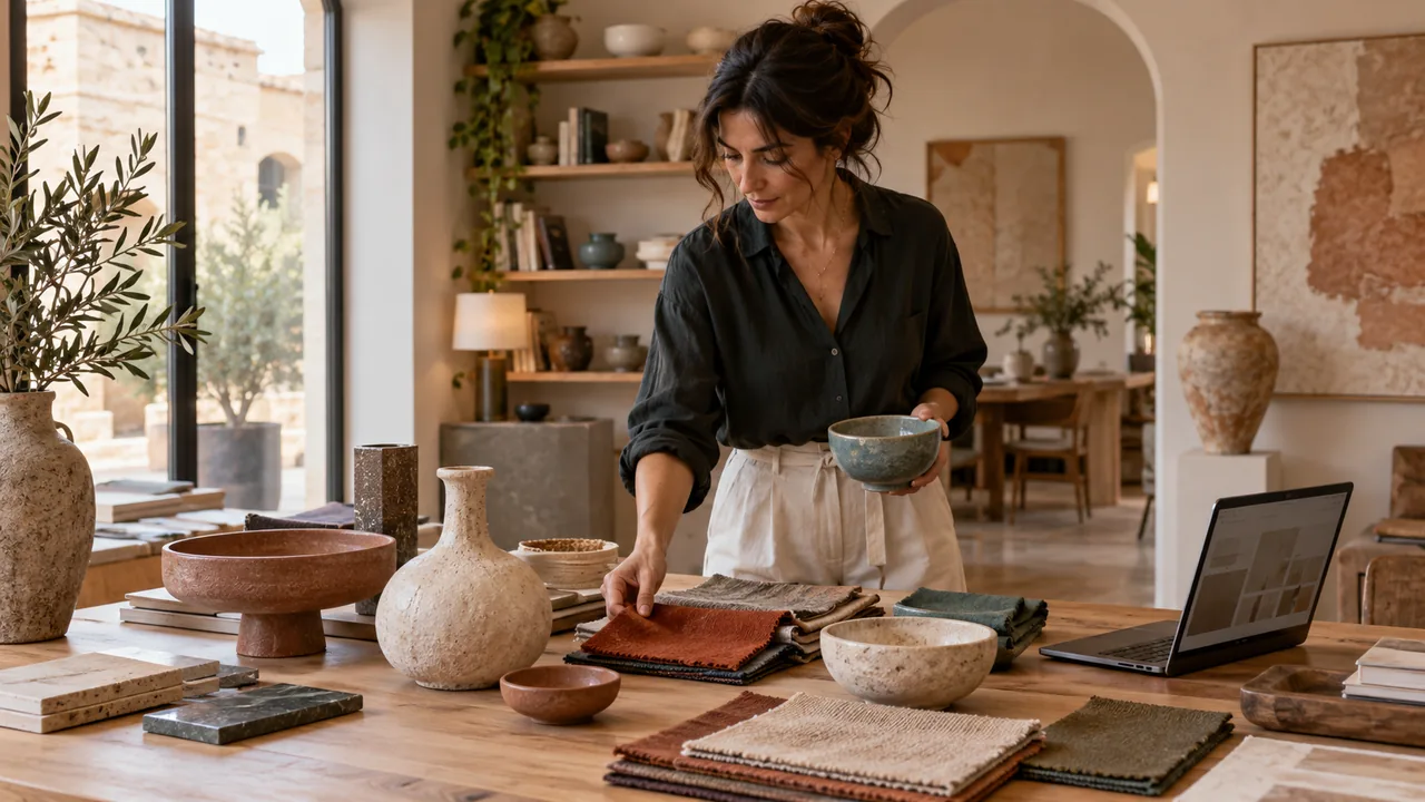 Scena illustrativa generata con AI: titolare di uno showroom seleziona ceramiche e tessuti per aggiornare la collezione sul sito.
