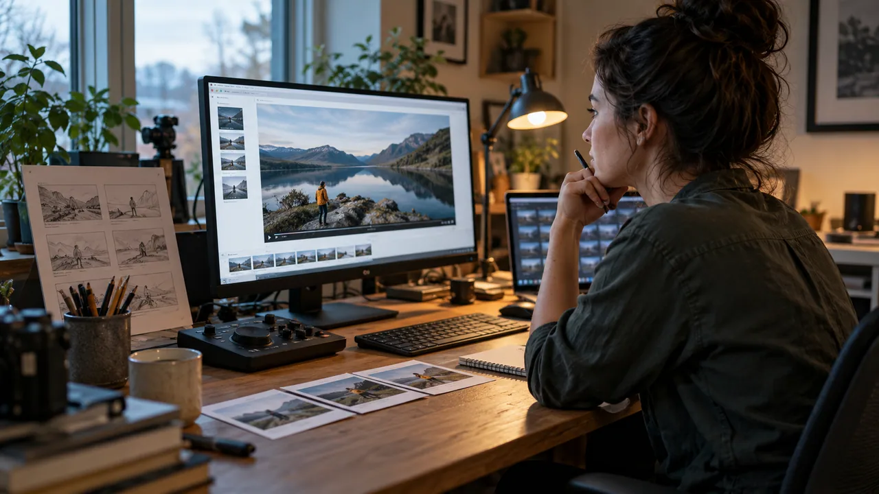 Postazione di revisione video con monitor e appunti sulle sequenze da pubblicare