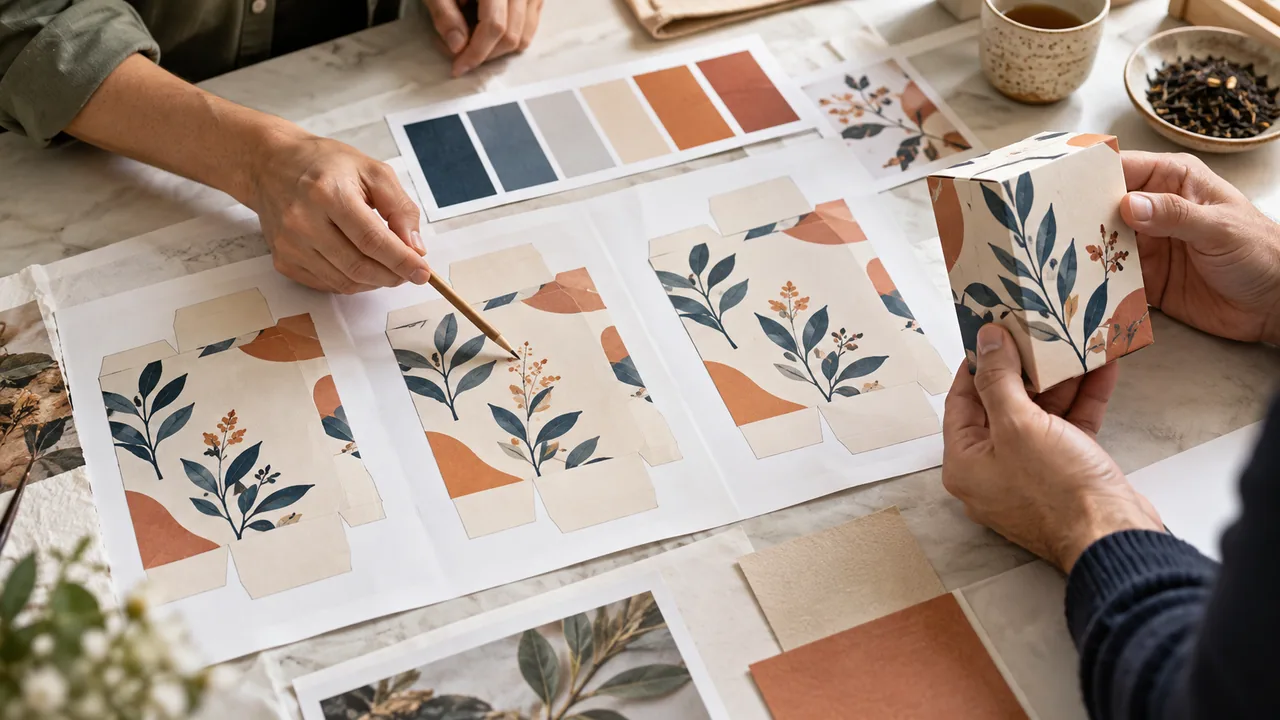 Scena illustrativa generata con AI: confezioni dimostrative, bozze di stampa e campioni colore su un tavolo di prestampa.