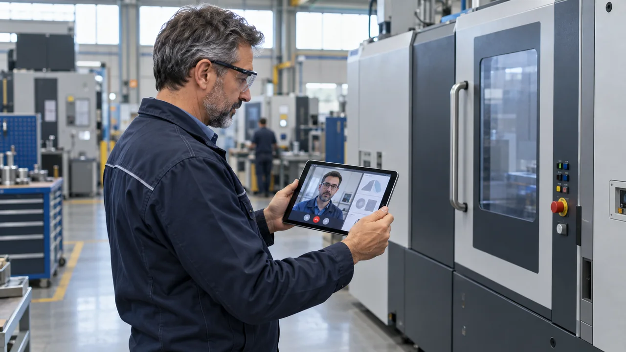 Tecnico consulta un collega in videochiamata sul tablet accanto a un macchinario industriale.