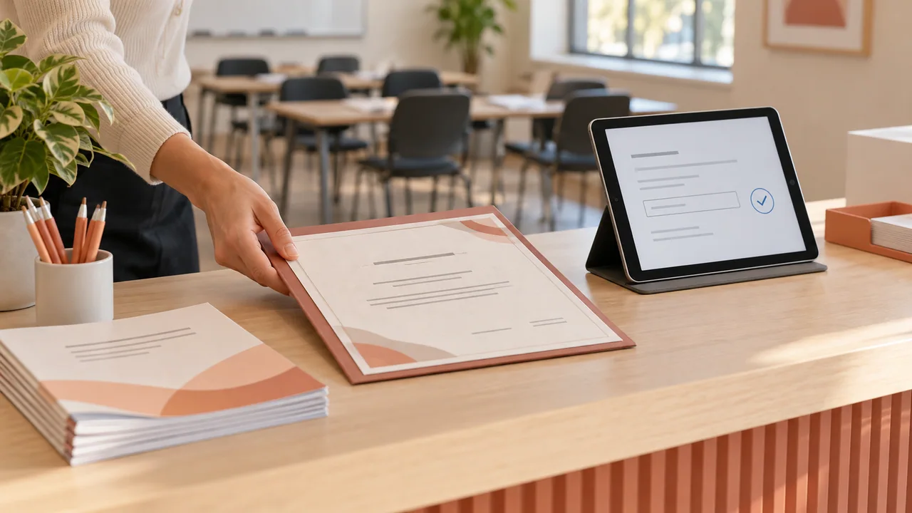 Materiali didattici, un attestato dimostrativo e un tablet sul tavolo di una segreteria formativa.