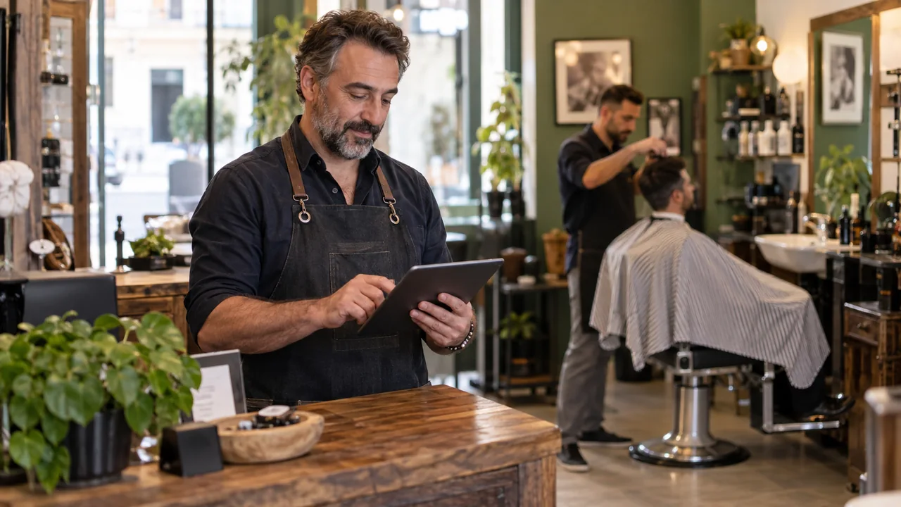 Scena illustrativa: il titolare di un barbiere aperto controlla un tablet mentre il salone accoglie clienti.