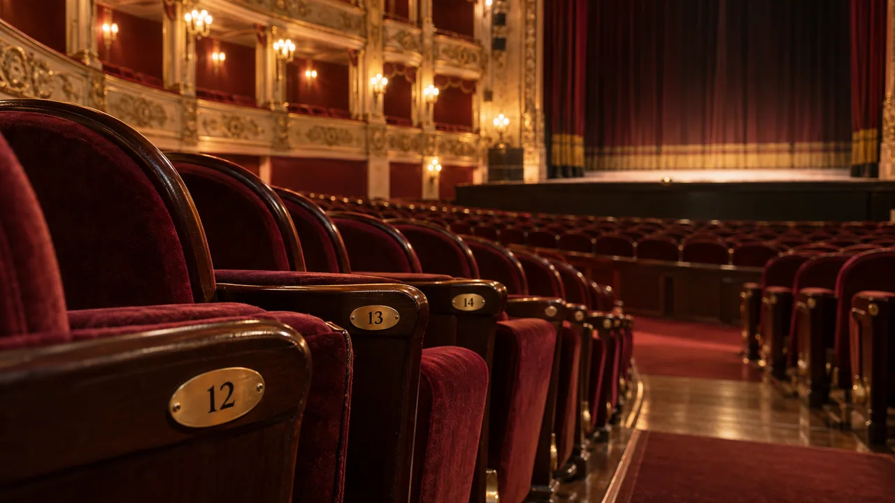 File di poltrone numerate in un teatro, con le targhette dei posti in primo piano.