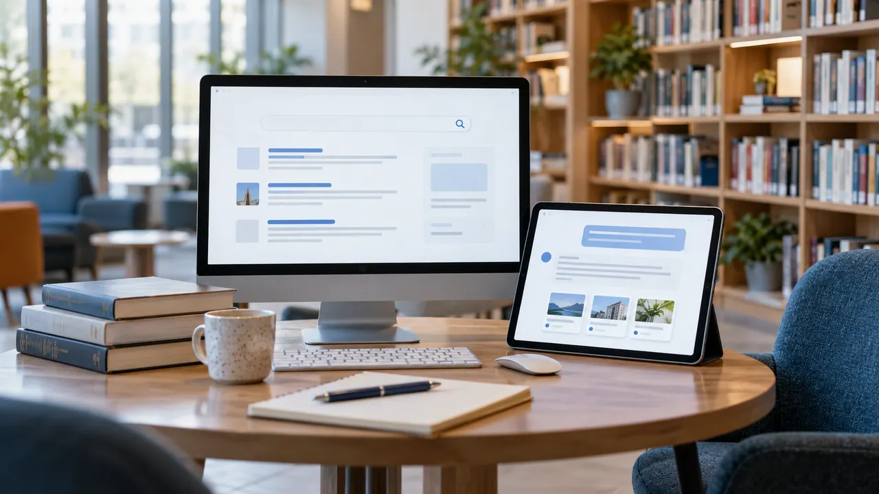 Un computer e un tablet mostrano una pagina di ricerca e una risposta conversazionale.