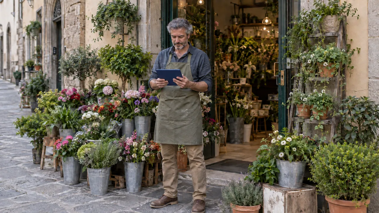 Titolare davanti al proprio negozio mentre controlla la presenza locale su un tablet