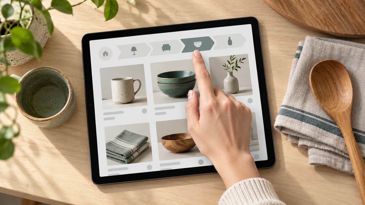 Una persona seleziona una categoria di un catalogo su tablet accanto a oggetti per la casa