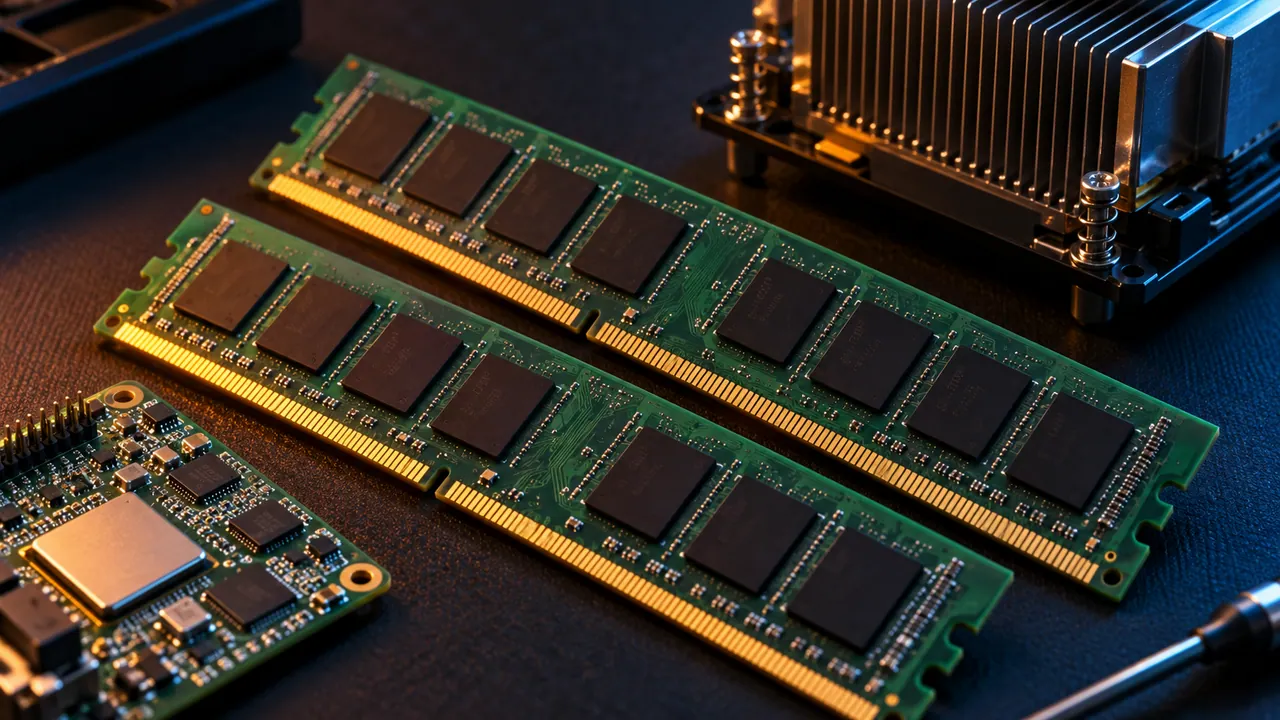 Moduli di memoria e componenti di un server disposti su un banco tecnico.