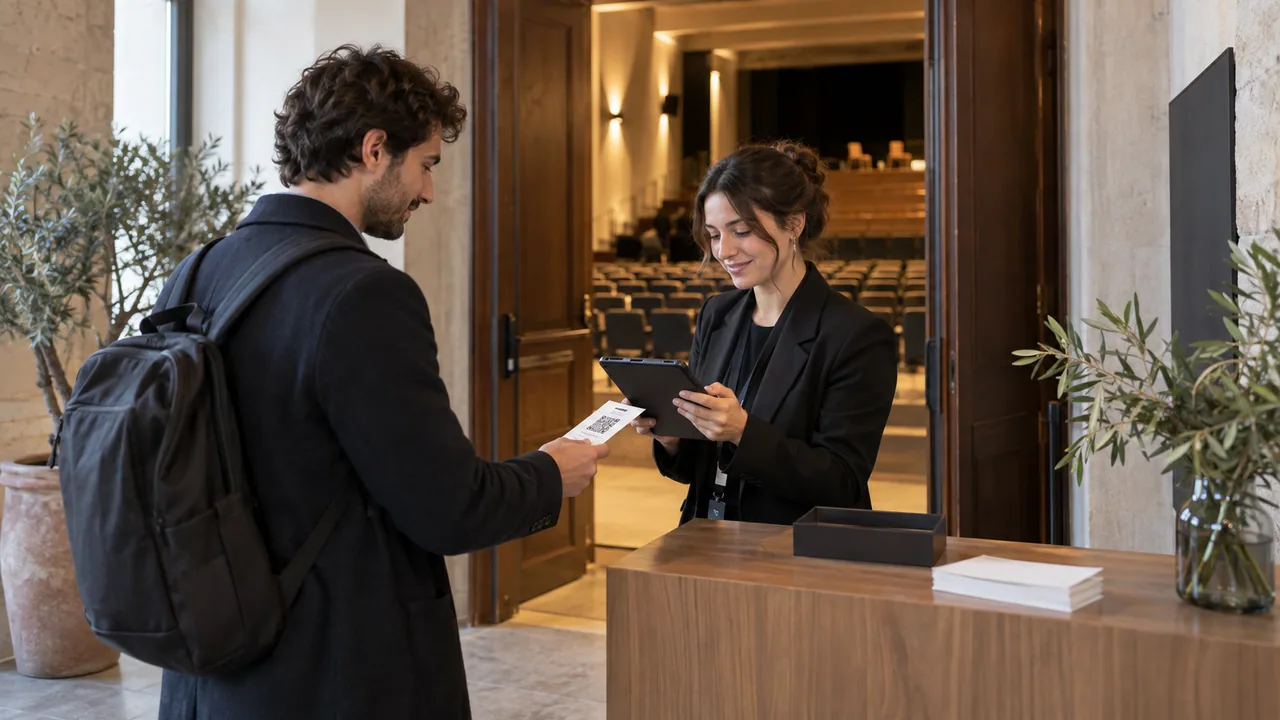 Addetto all’accoglienza che controlla un biglietto con un tablet all’ingresso di un evento