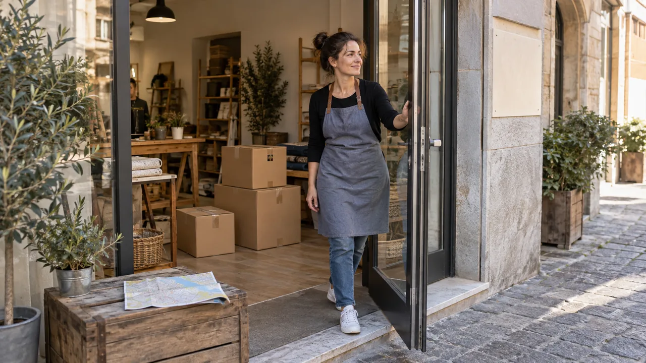 Titolare davanti all’ingresso della nuova sede con scatole del trasloco e una mappa cartacea del quartiere, in una scena illustrativa.