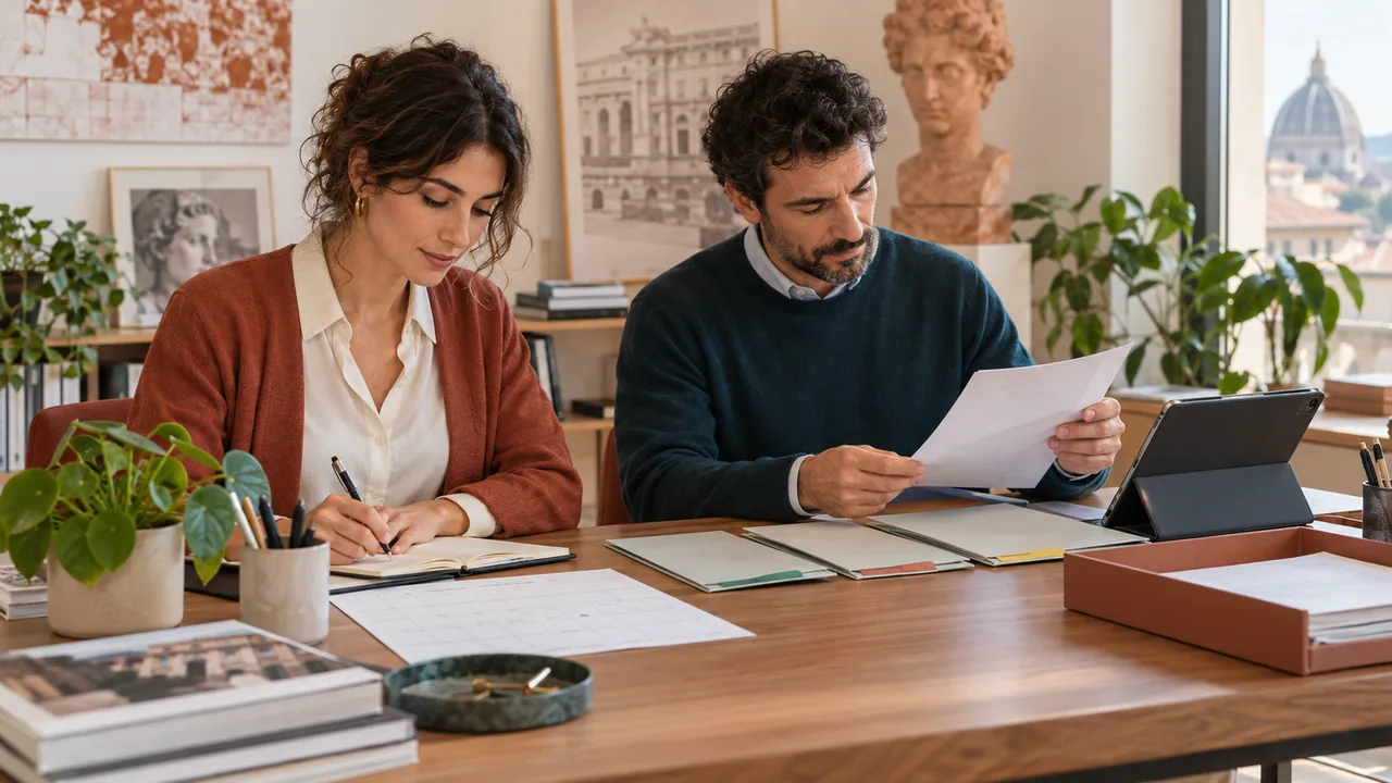 Due addetti esaminano fascicoli di candidatura accanto a un calendario e un tablet.
