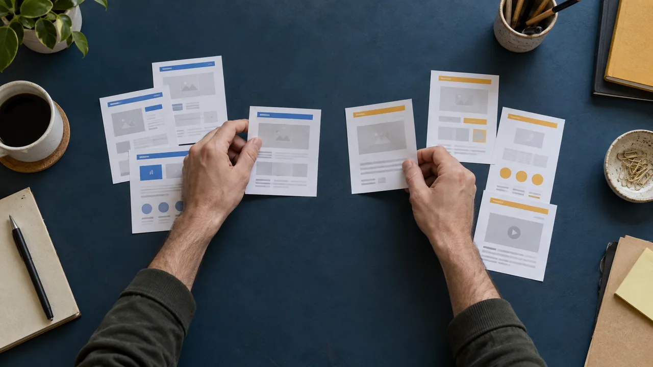 Mani che separano schede di pagine web simili in gruppi di contenuti distinti