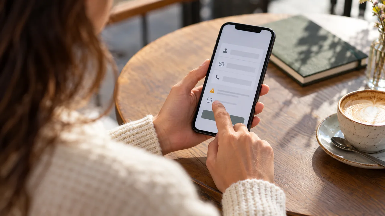 Primo piano di una persona che compila un modulo di contatto sullo smartphone prima dell’invio.