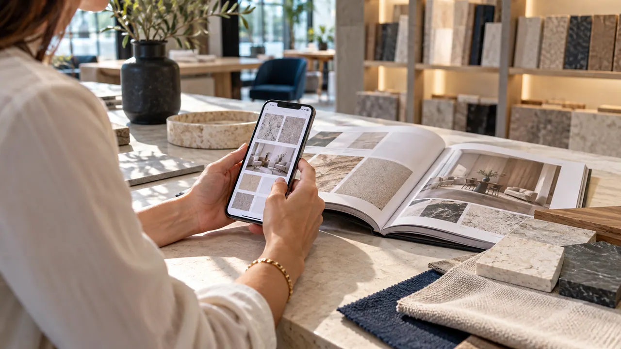 Una cliente consulta un catalogo di rivestimenti dal telefono in uno showroom di materiali.
