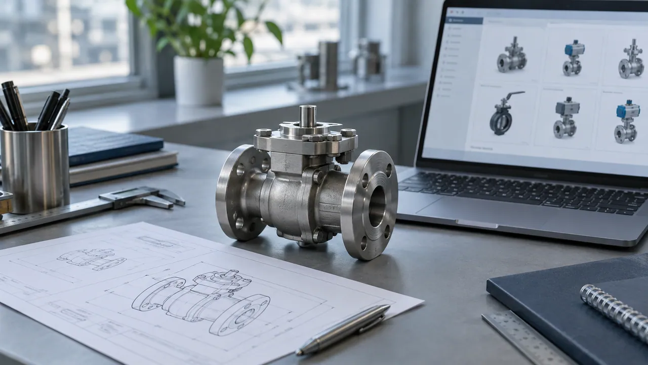 Componente industriale accanto a una scheda tecnica stampata e a un catalogo digitale sulla scrivania.
