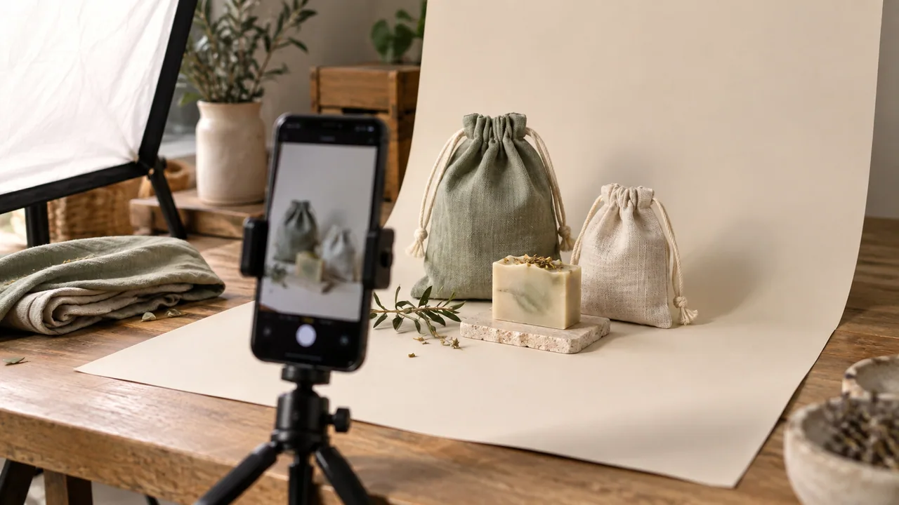 set fotografico con prodotti artigianali, fondale chiaro e telefono su un piccolo supporto.