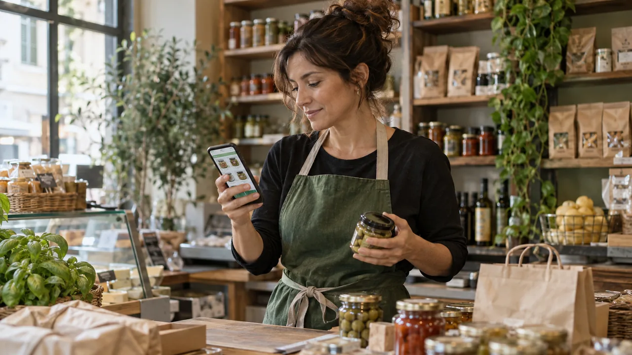Commerciante consulta il catalogo sullo smartphone al banco del negozio, con prodotti esposti sullo sfondo.