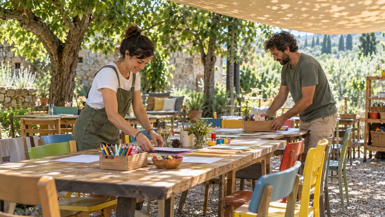 Scena illustrativa di educatori adulti che preparano materiali per laboratori in uno spazio esterno.