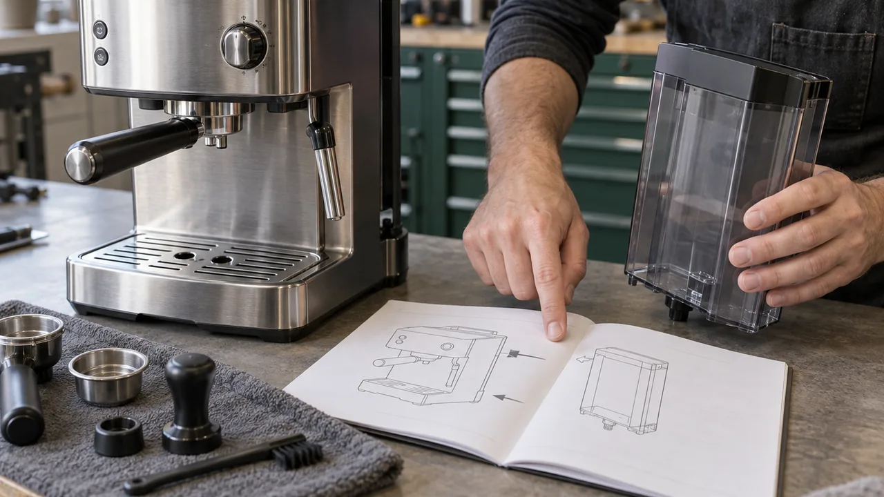 Scena illustrativa generata con AI: tecnico confronta il componente di una macchina da caffè con il relativo manuale illustrato.