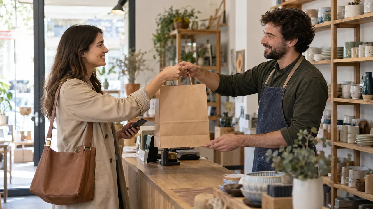 Un commerciante consegna una borsa preparata a una cliente presso il banco ritiro di un negozio, in una scena illustrativa.