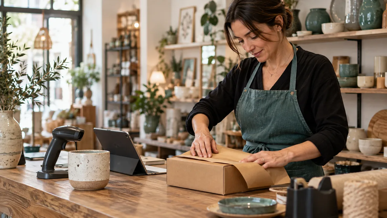 Preparazione di un pacco per un ordine online sul banco di una boutique, accanto a un lettore di codici e a un tablet.