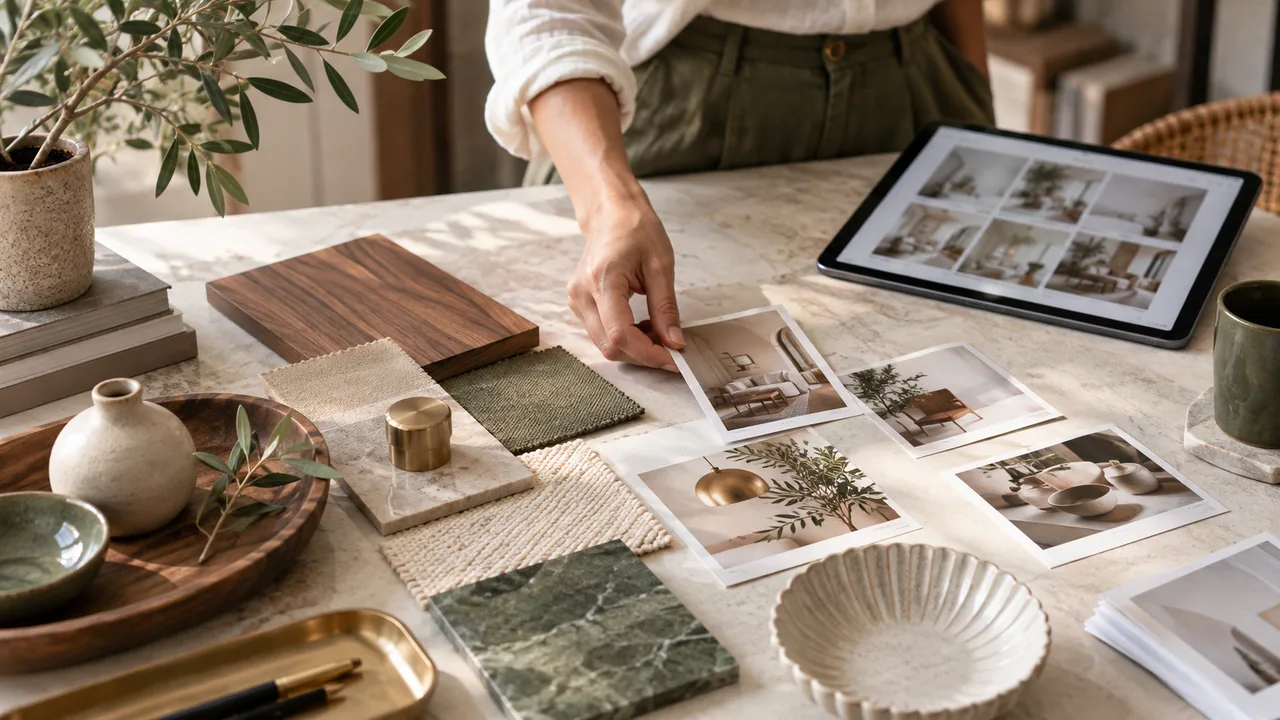 Oggetti di design e campioni di materiali accanto a un tablet e a una bacheca di ispirazione.
