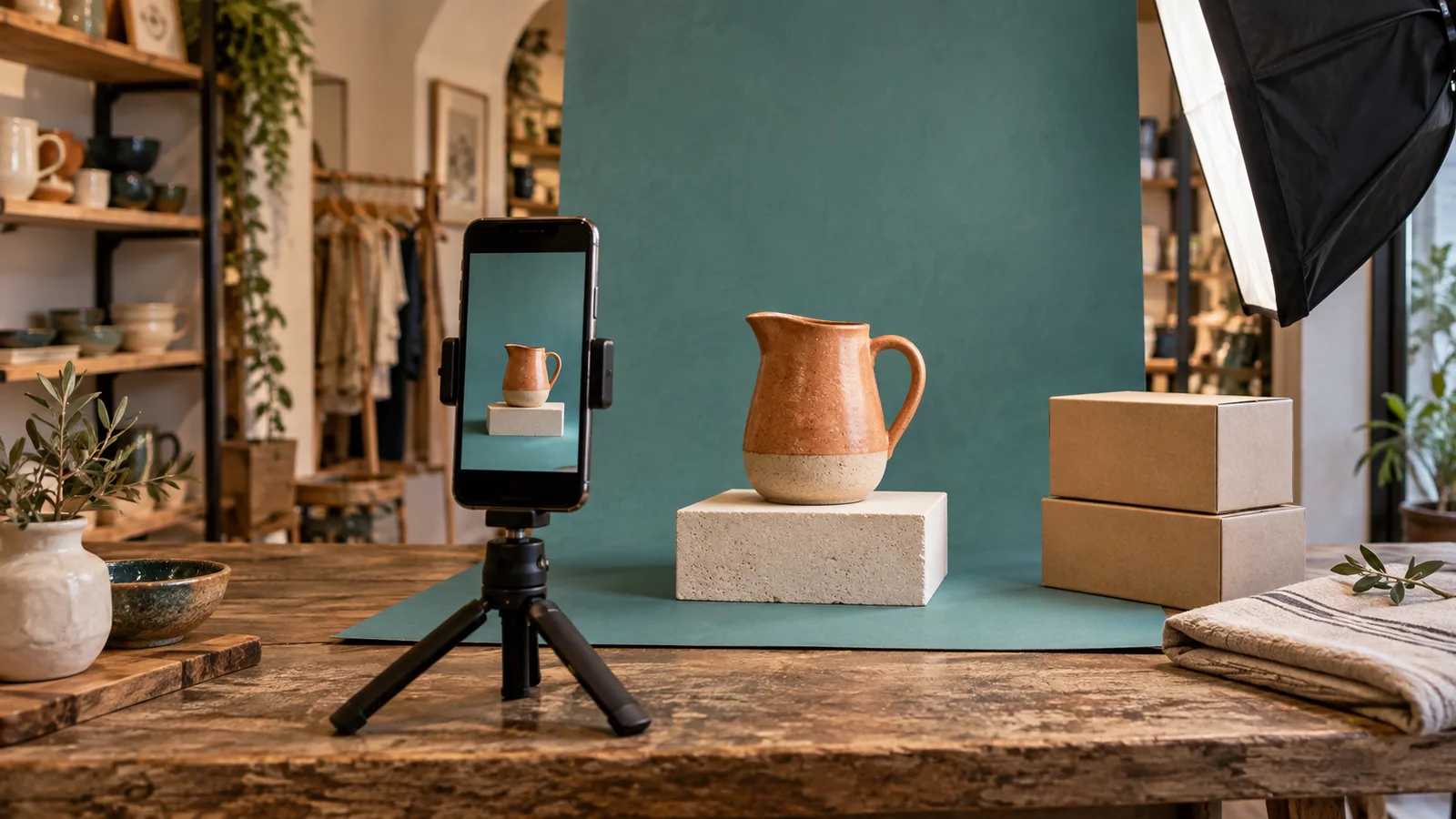 Smartphone verticale e luci da ripresa inquadrano una brocca di ceramica su un set per prodotti.