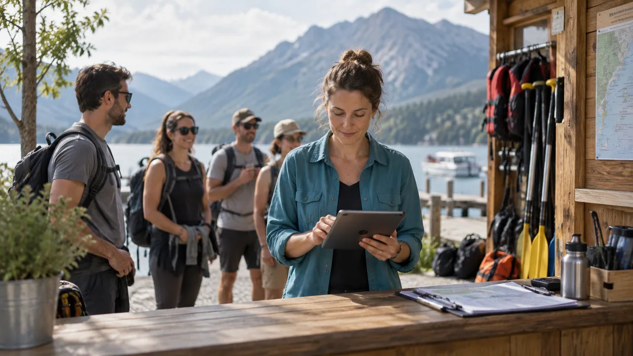 Coordinatrice di escursioni controlla un tablet al banco di accoglienza davanti a un lago.