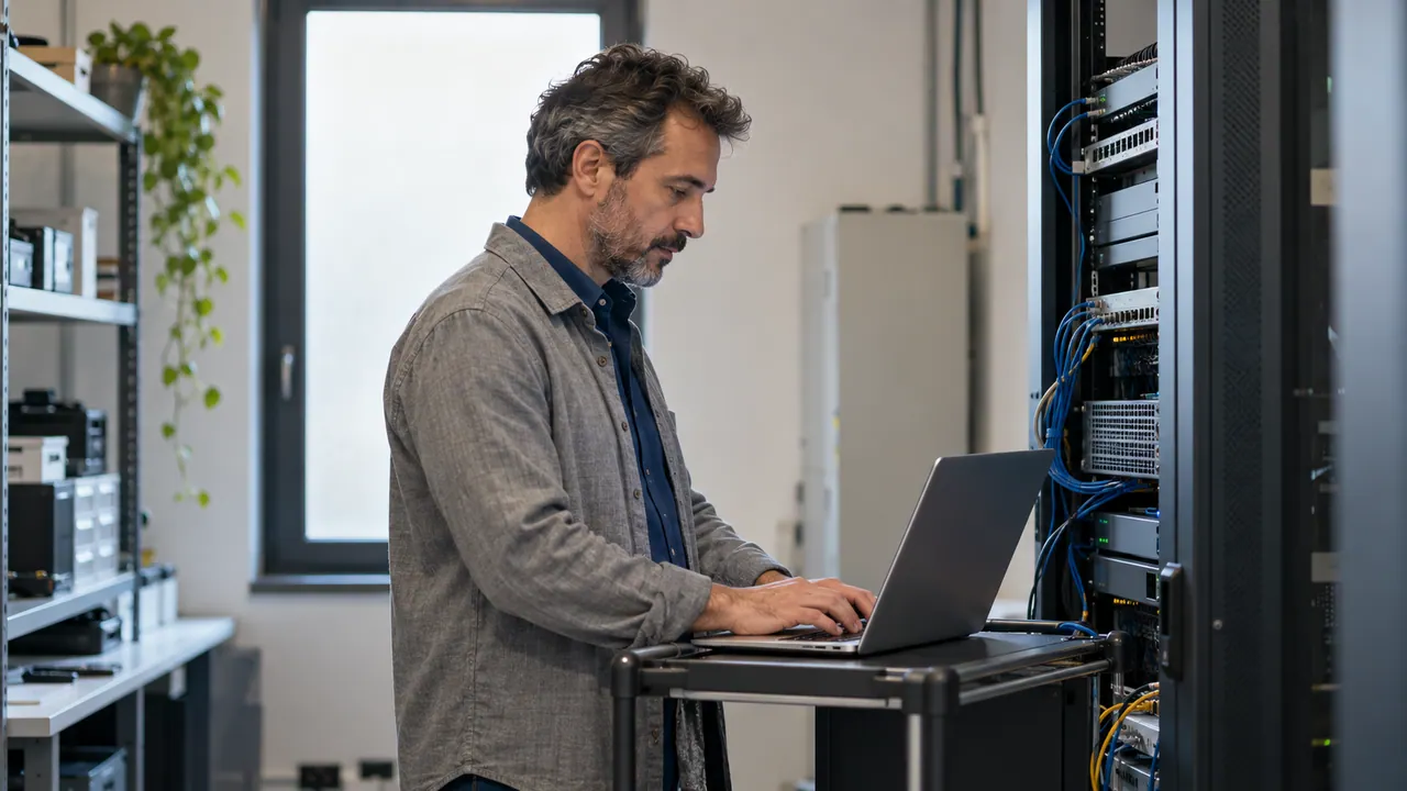 Tecnico al lavoro su un portatile accanto agli apparati di una piccola sala server