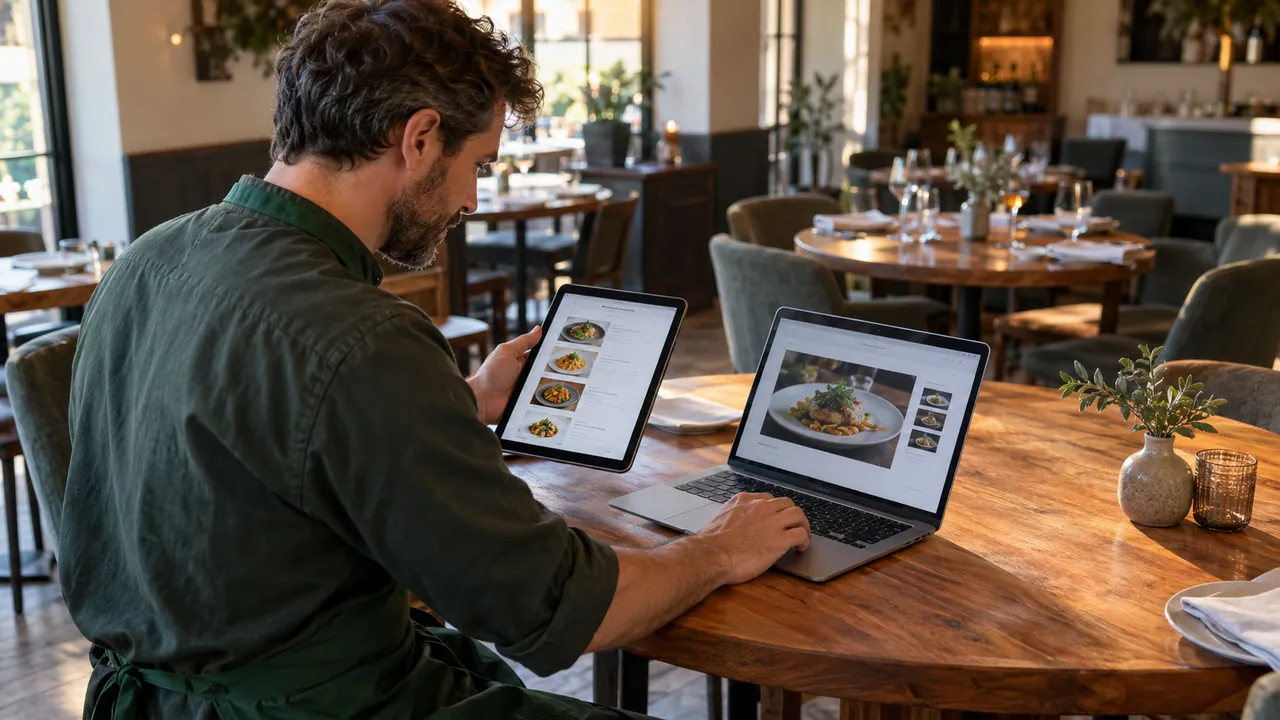 Un ristoratore confronta un menu digitale su tablet con la pagina del ristorante su un portatile