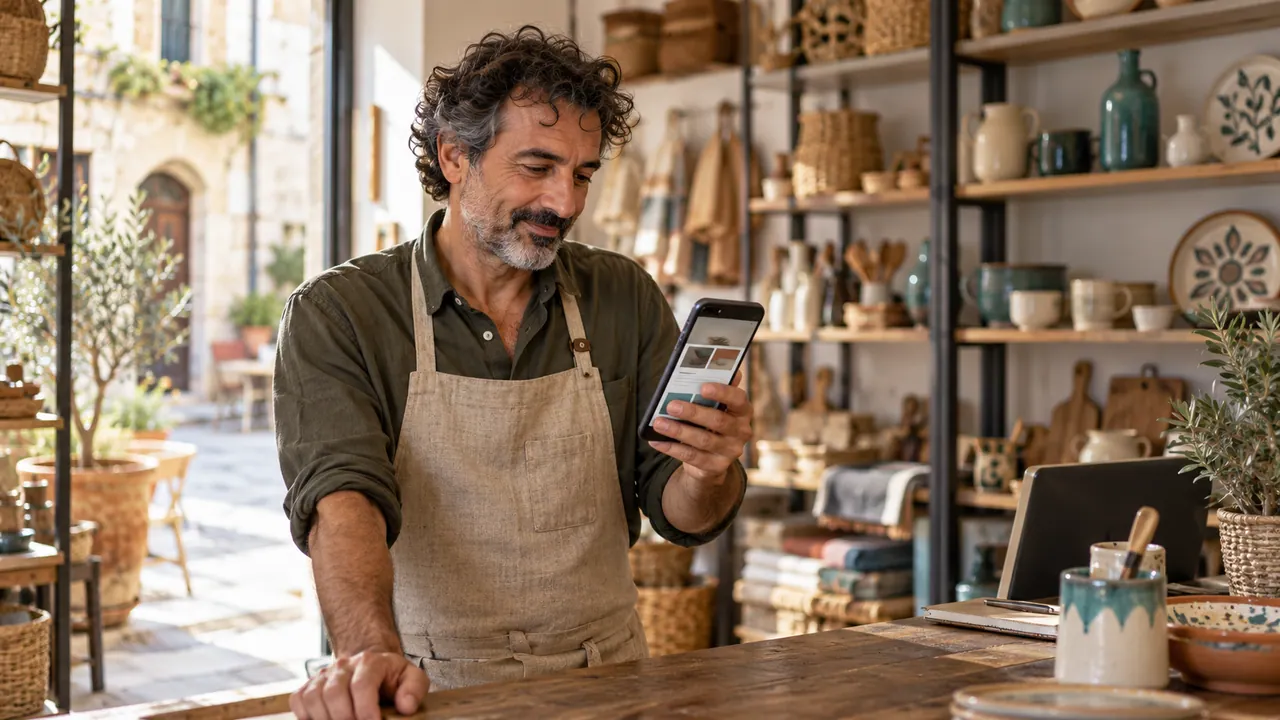 Un negoziante consulta il sito sullo smartphone al banco di un negozio di articoli per la casa