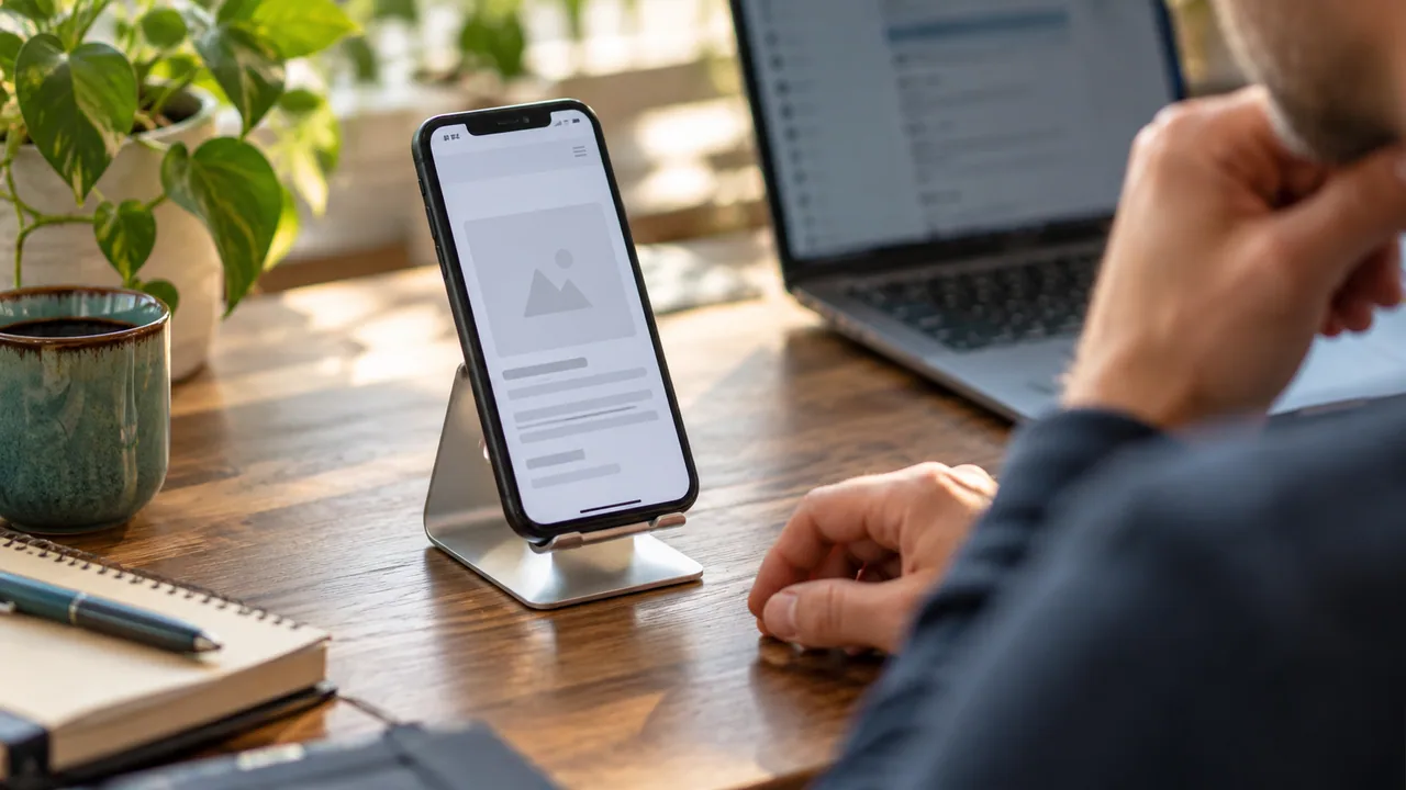 Smartphone su un supporto accanto a un portatile durante una verifica del caricamento di una pagina