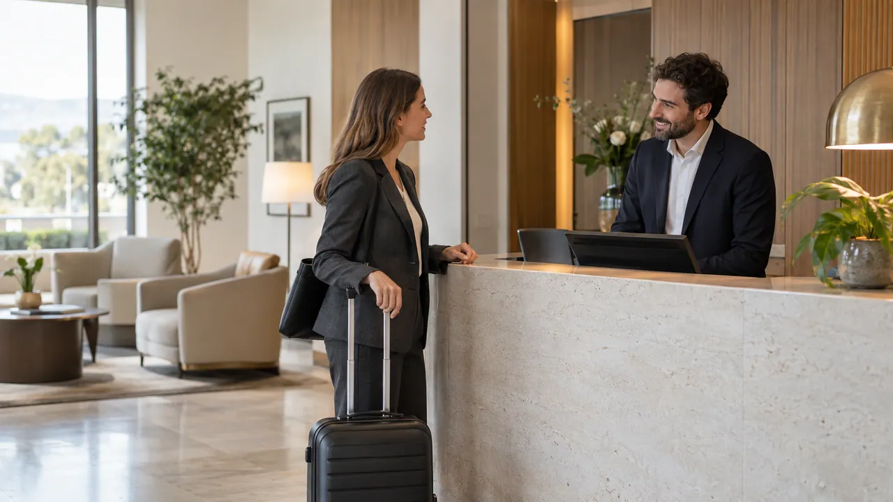 Scena illustrativa di un viaggiatore con trolley accolto alla reception di un hotel per un soggiorno di lavoro.