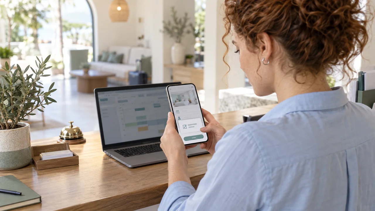 Una persona controlla una prenotazione sullo smartphone con un laptop aperto sul banco di una reception.
