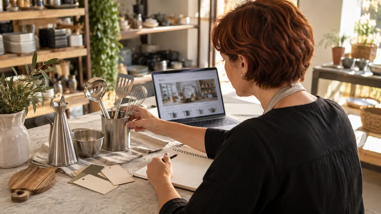Scena illustrativa: commerciante prepara una promozione online con utensili da cucina, computer e appunti sul tavolo.