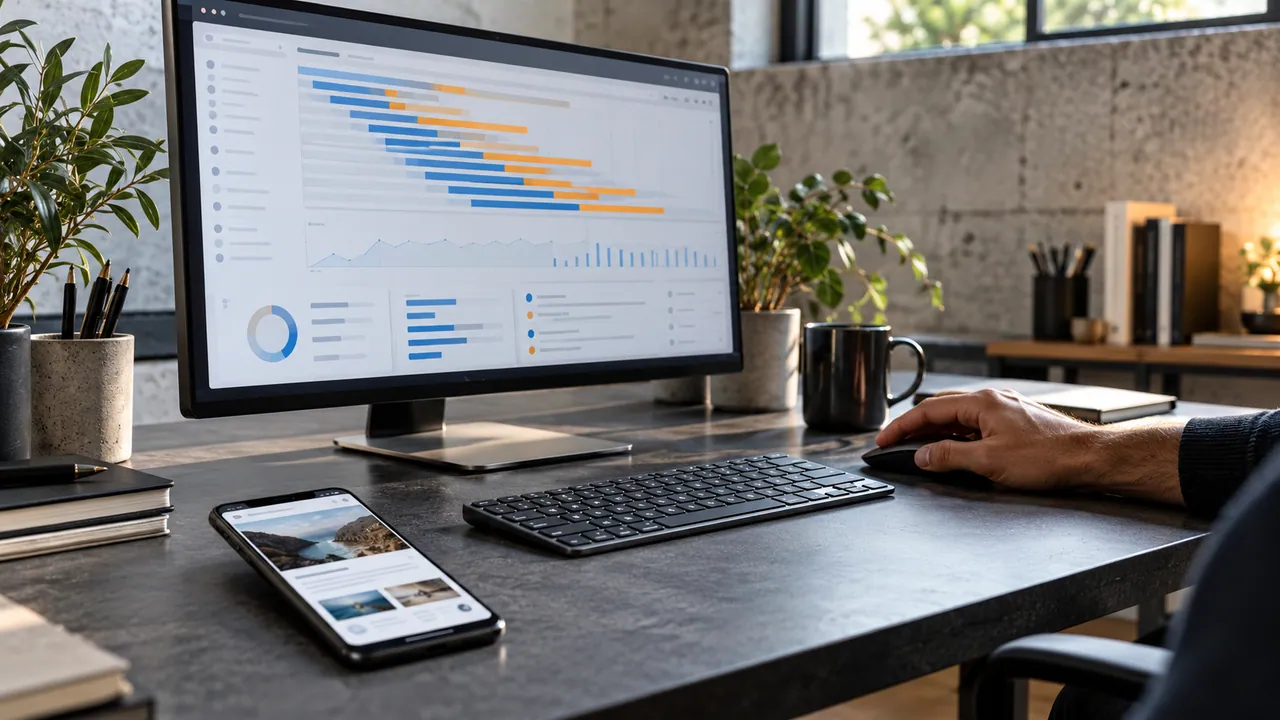 Postazione tecnica con monitor per l’analisi delle risorse e smartphone utilizzato per il collaudo di un sito.