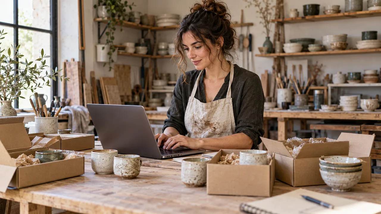 Artigiana al computer in un laboratorio di ceramica con prodotti e confezioni pronti per la spedizione.