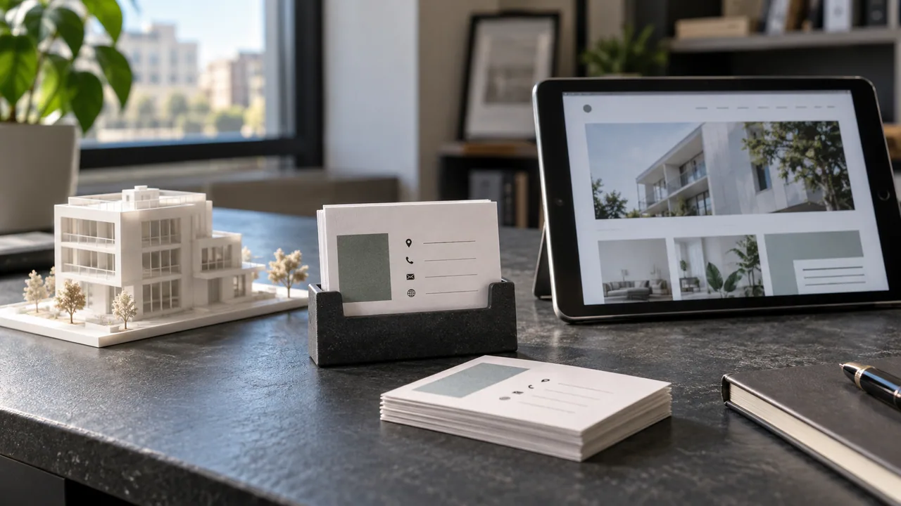 Schede di informazioni aziendali ordinate accanto a un tablet e a un modello di edificio