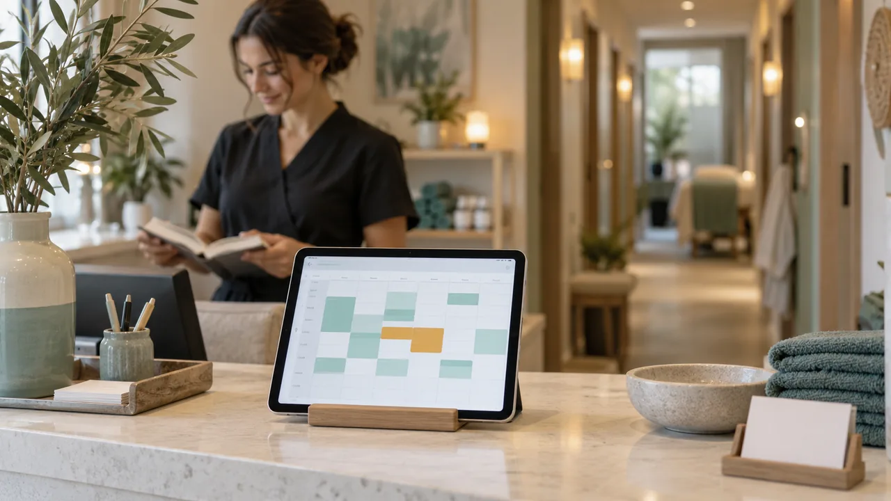 Tablet con calendario degli appuntamenti sul banco e receptionist che consulta un’agenda cartacea sullo sfondo.