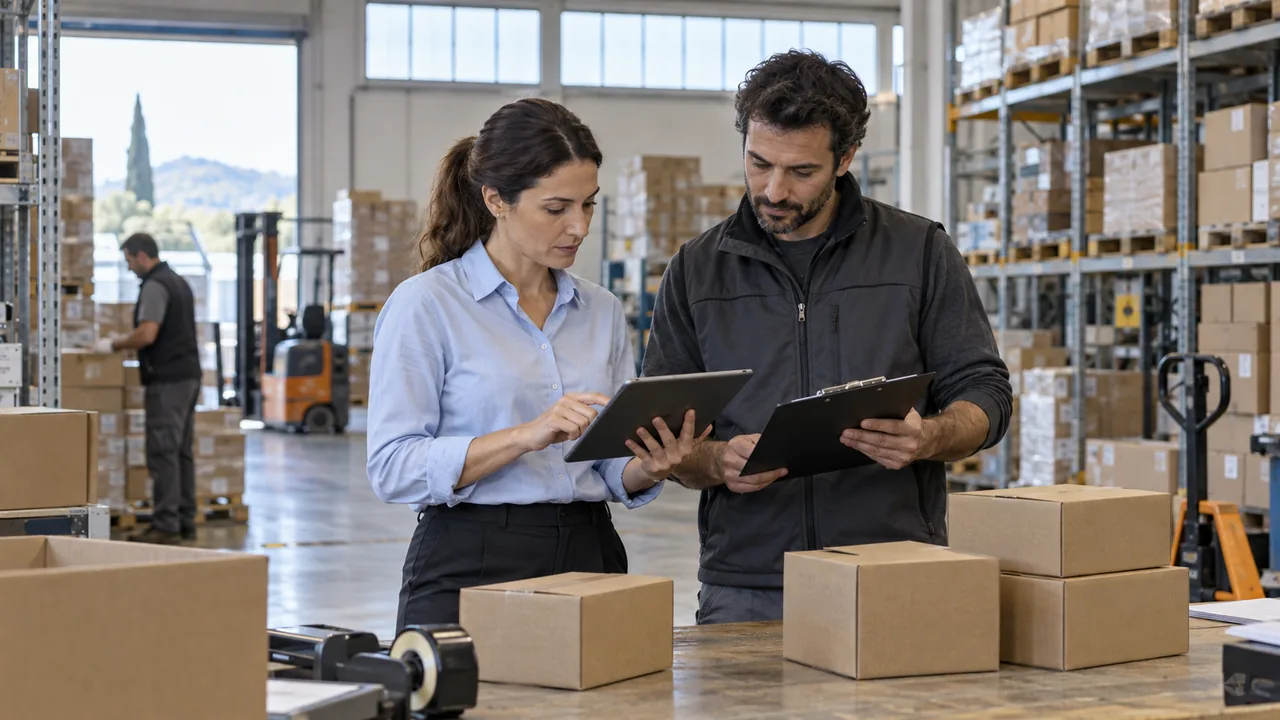 Un responsabile commerciale e un addetto al magazzino verificano insieme i dati di un ordine aziendale.