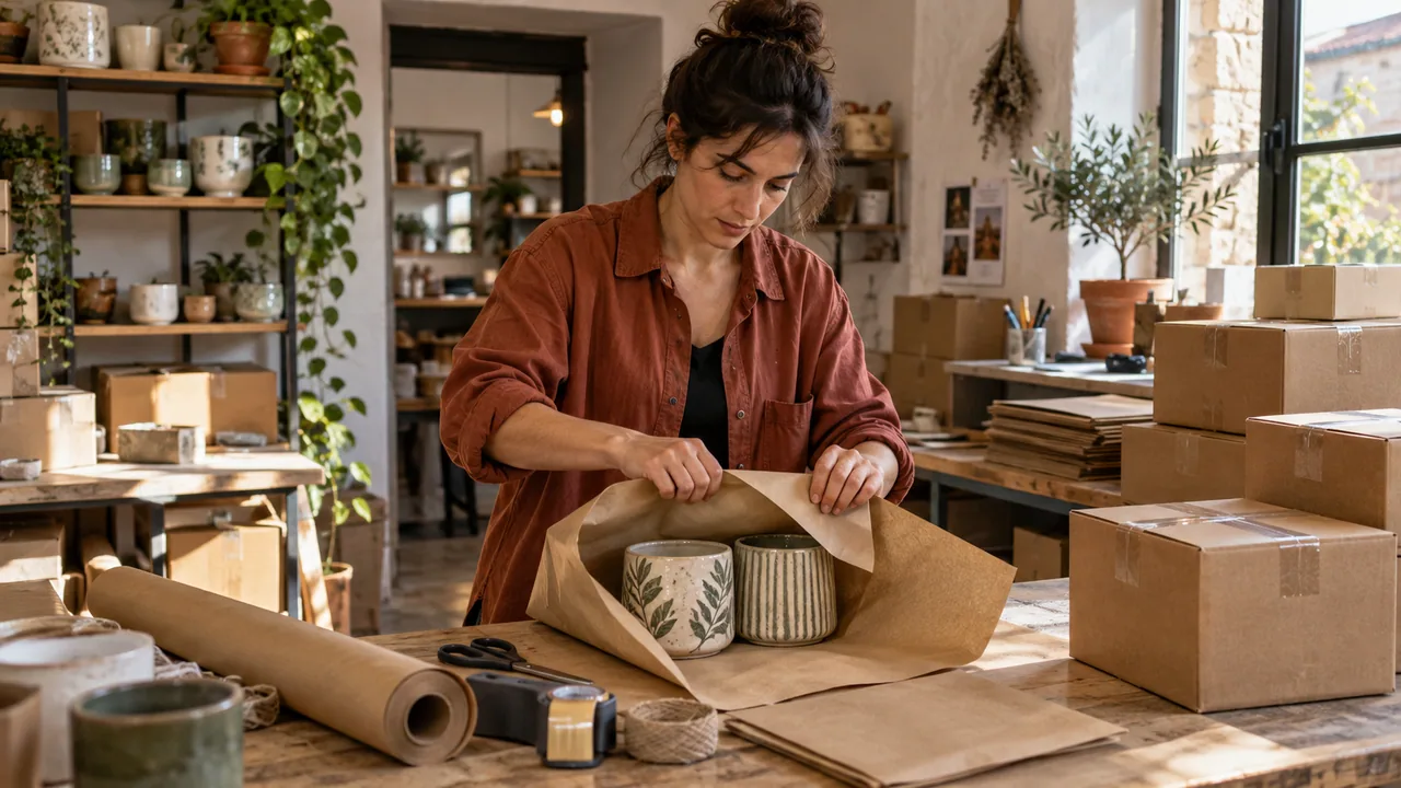 Addetta che prepara un pacco con prodotti in ceramica nel laboratorio di un fornitore.