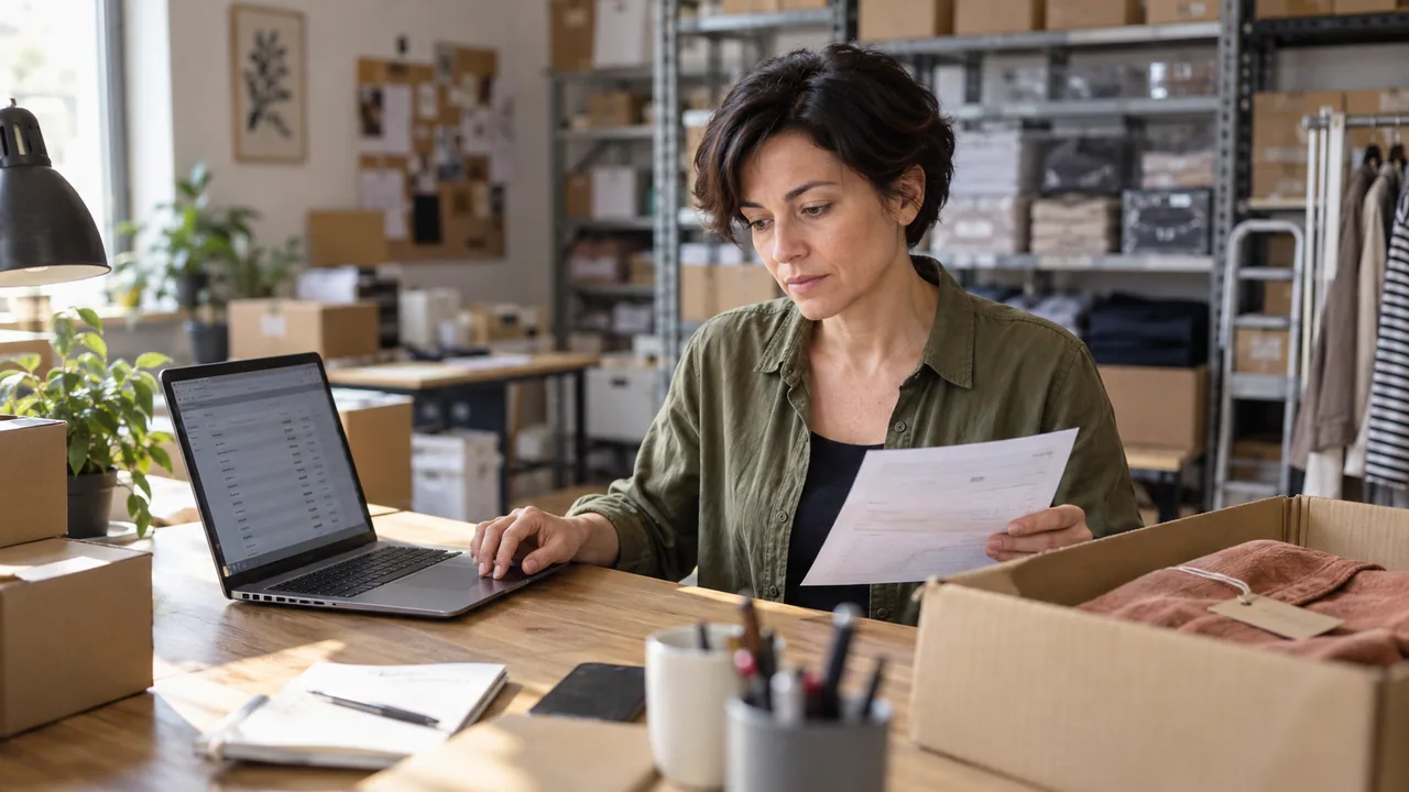 Addetto di un magazzino confronta un ordine sul computer con la distinta di preparazione.