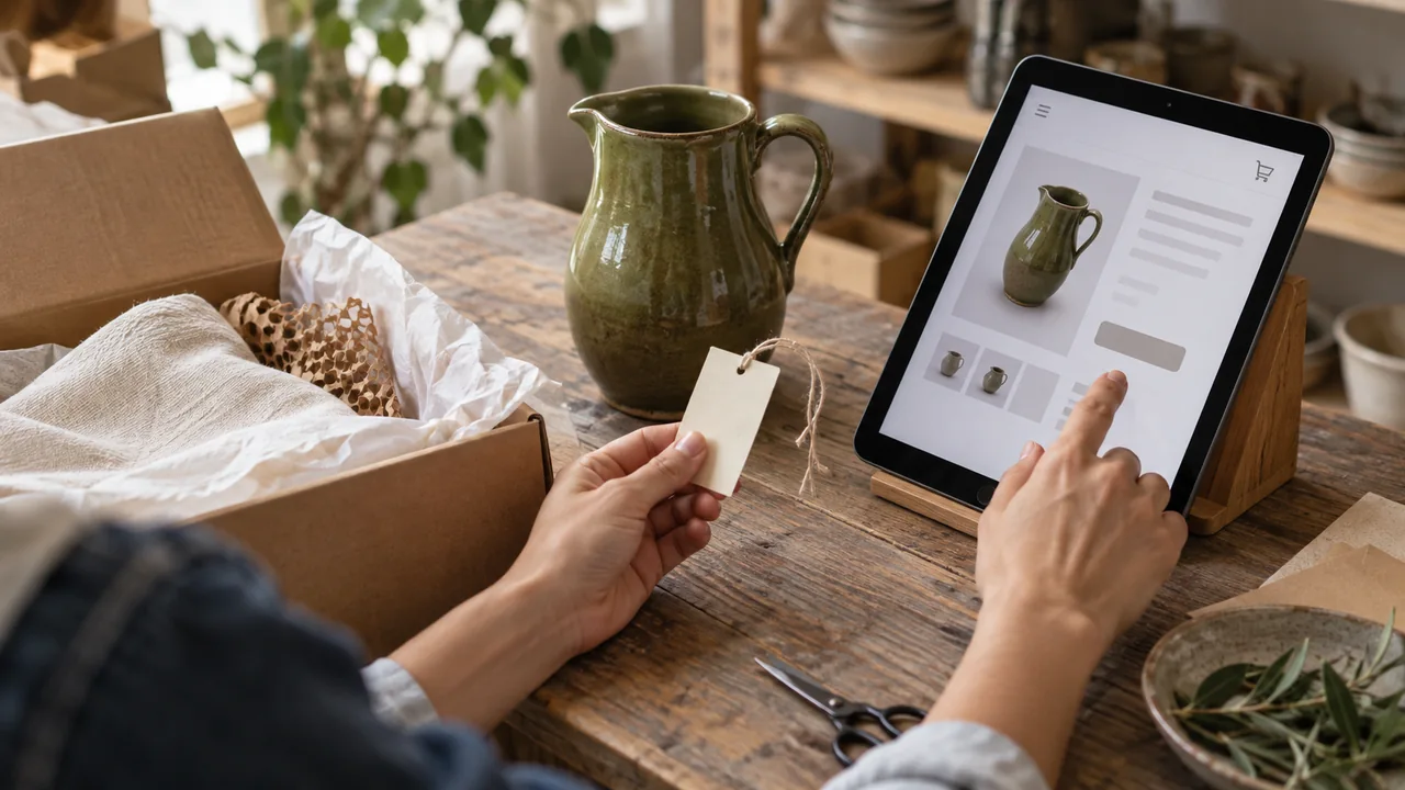 Banco ordini con un oggetto in ceramica, etichetta del prodotto e tablet per verificare l’acquisto.