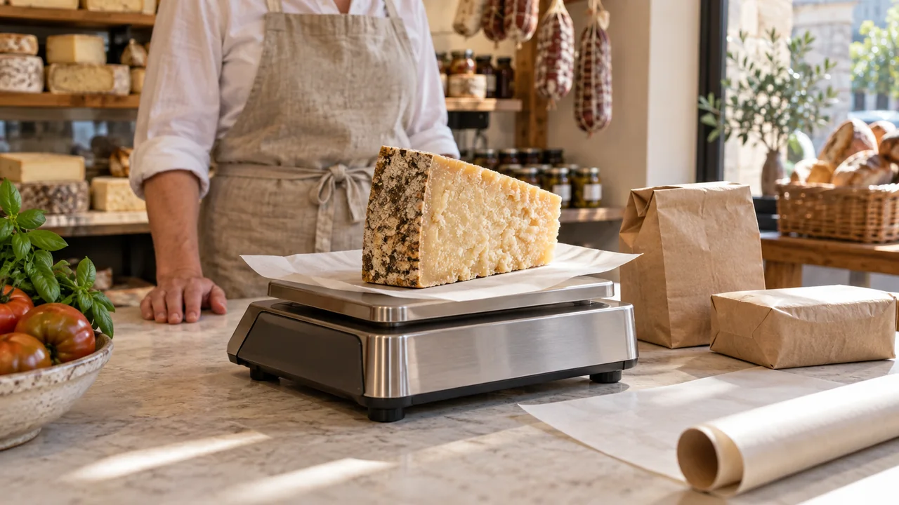 Scena illustrativa: un pezzo di formaggio sulla bilancia di una gastronomia, accanto a confezioni pronte per un ordine.